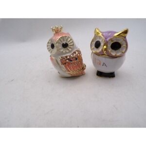 Set of 2 Owl Trinket Boxes Enamel Rhinestone Bejeweled Hinged Jewelry Keepsake
